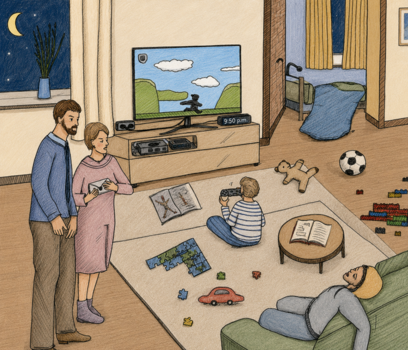 Familie im Wohnzimmer beim Fernsehen und Spielen.